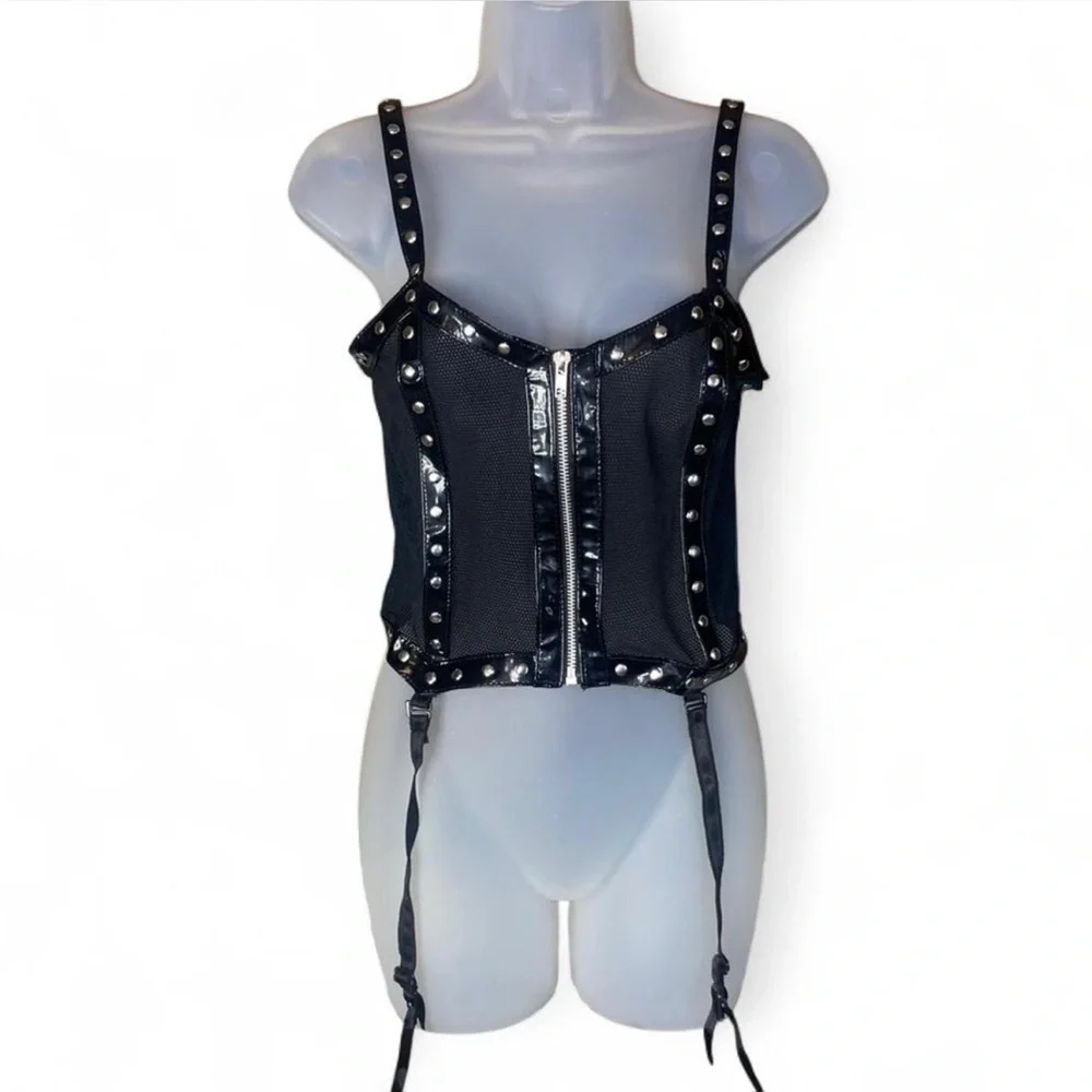 Elegant Moments Patent Leather Mesh Corset with Silver Studded M - Picture 1 of 11